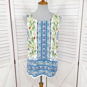 Haute Hippie Floral Boho Button Back Sleeveless Tank Top‎ White Blue Small